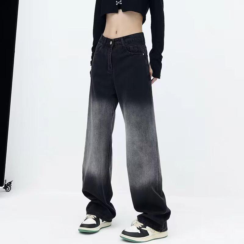 Pear-Shaped Gradient Tencel Straight Jeans: High-Waist, Wide-Leg, Plus-Size, Summer Ice Silk Mopping Pants for Women