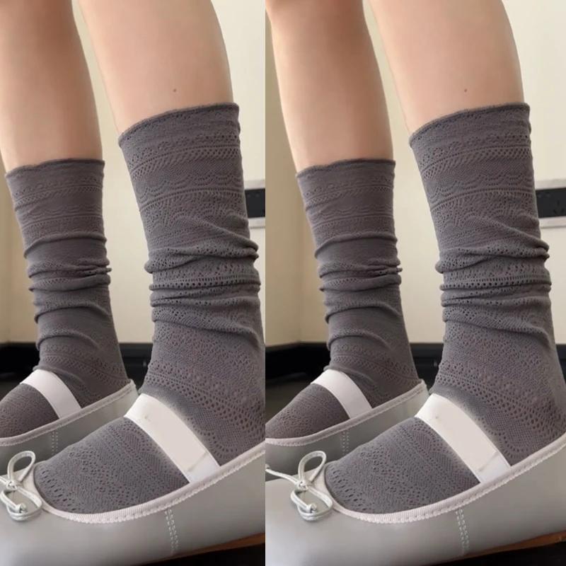 1/2pairs Lolita Sweet Pile Socks for Women Girls Mesh Hollowed Out Thin Nylon Silk Retro Flower Lace Socks Ladies Crew Socks