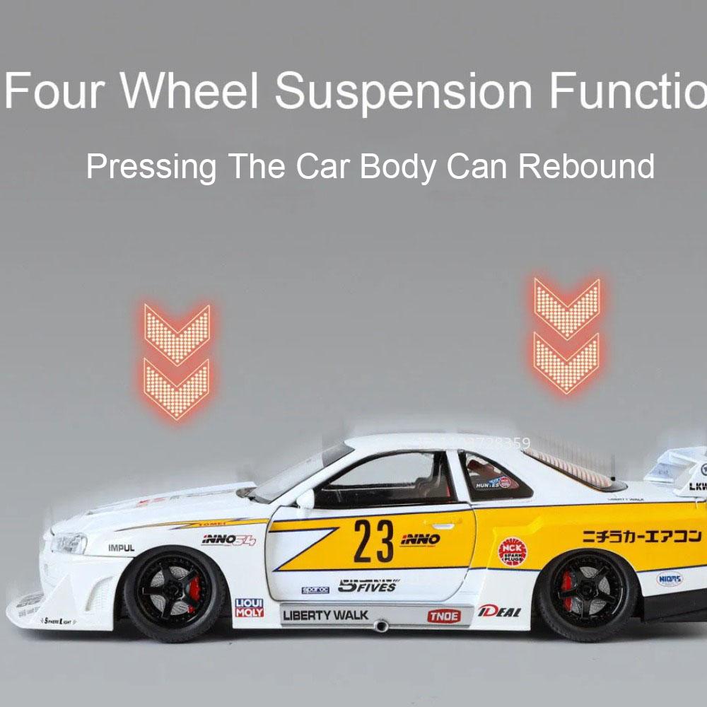 1:24 Scale GTR-S15 GTR-R34 Sports Car Model Toy Wheel Steering Doors Opened High Simulation Vehicle Models Collectible Item