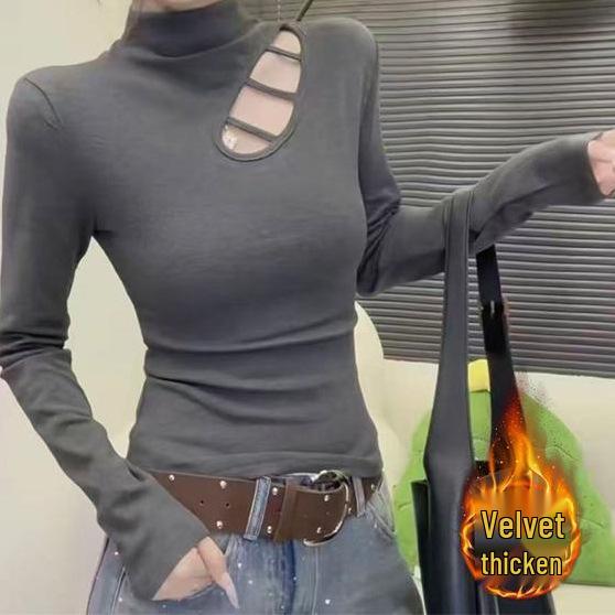 

Women s White Silver Fox Fur Half-High Collar Long Sleeve Top - Slim Fit, Flattering Base Layer for Autumn/Winter. Small