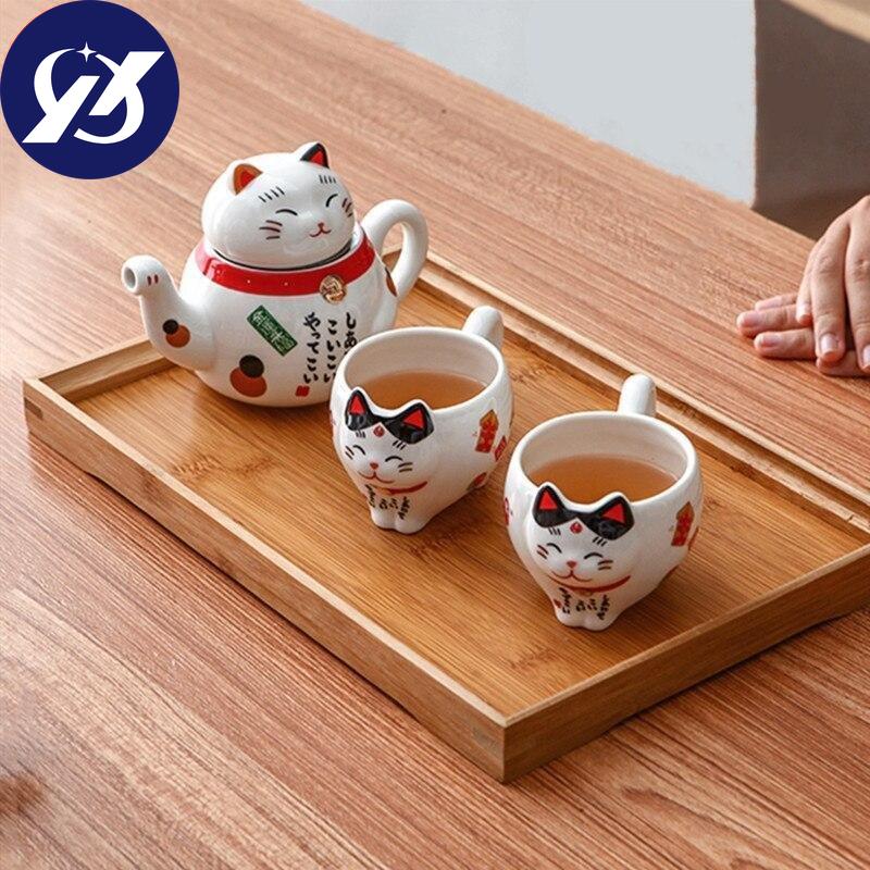 Cute Japanese Lucky Cat Porcelain Tea Set Creative Maneki Neko Ceramic Tea Cup Kettle with Strainer Office Teapot Water Mug