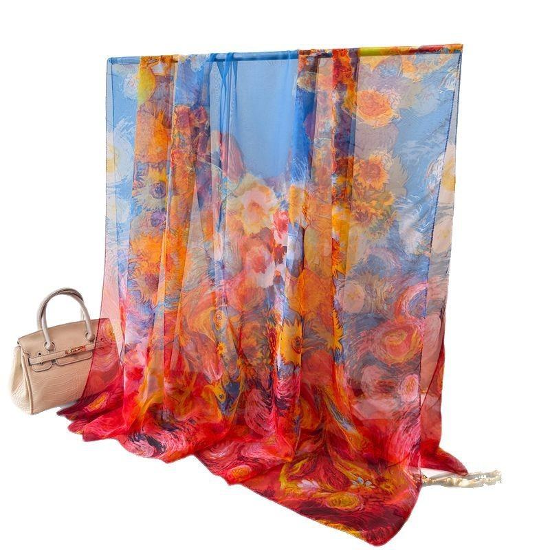 Jinque Yun Encryption Yourou Gauze Printing Spring and Summer Silk Scarf Large Long Scarf Travel Shawl Sunscreen Women's Scarf Headscarf