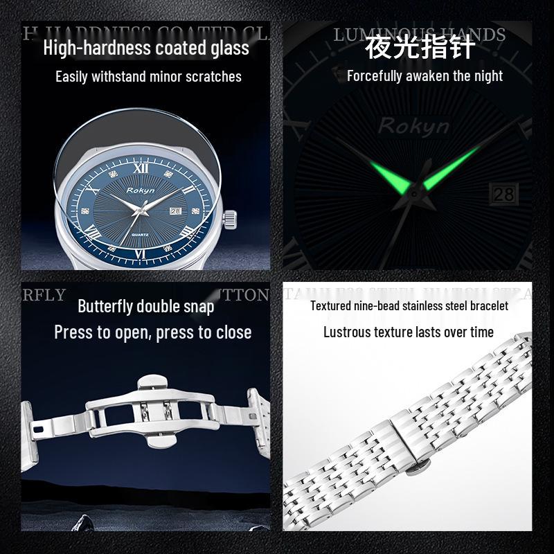 Ultra-Thin Men's Stainless Steel Waterproof Quartz Watch with Luminous Calendar