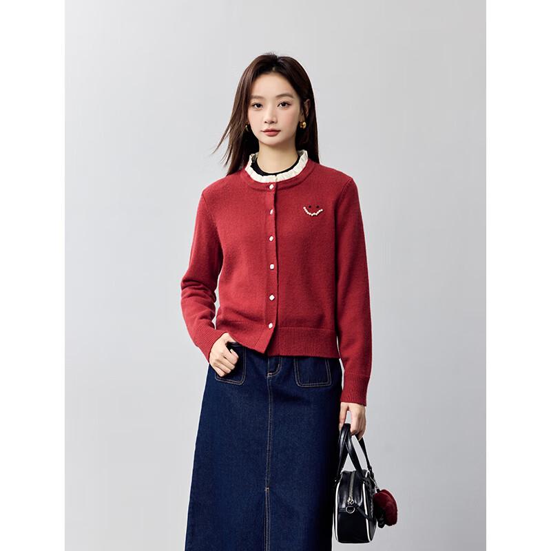 Women's Wood Ear Collar Beaded Knit Cardigan Sweater