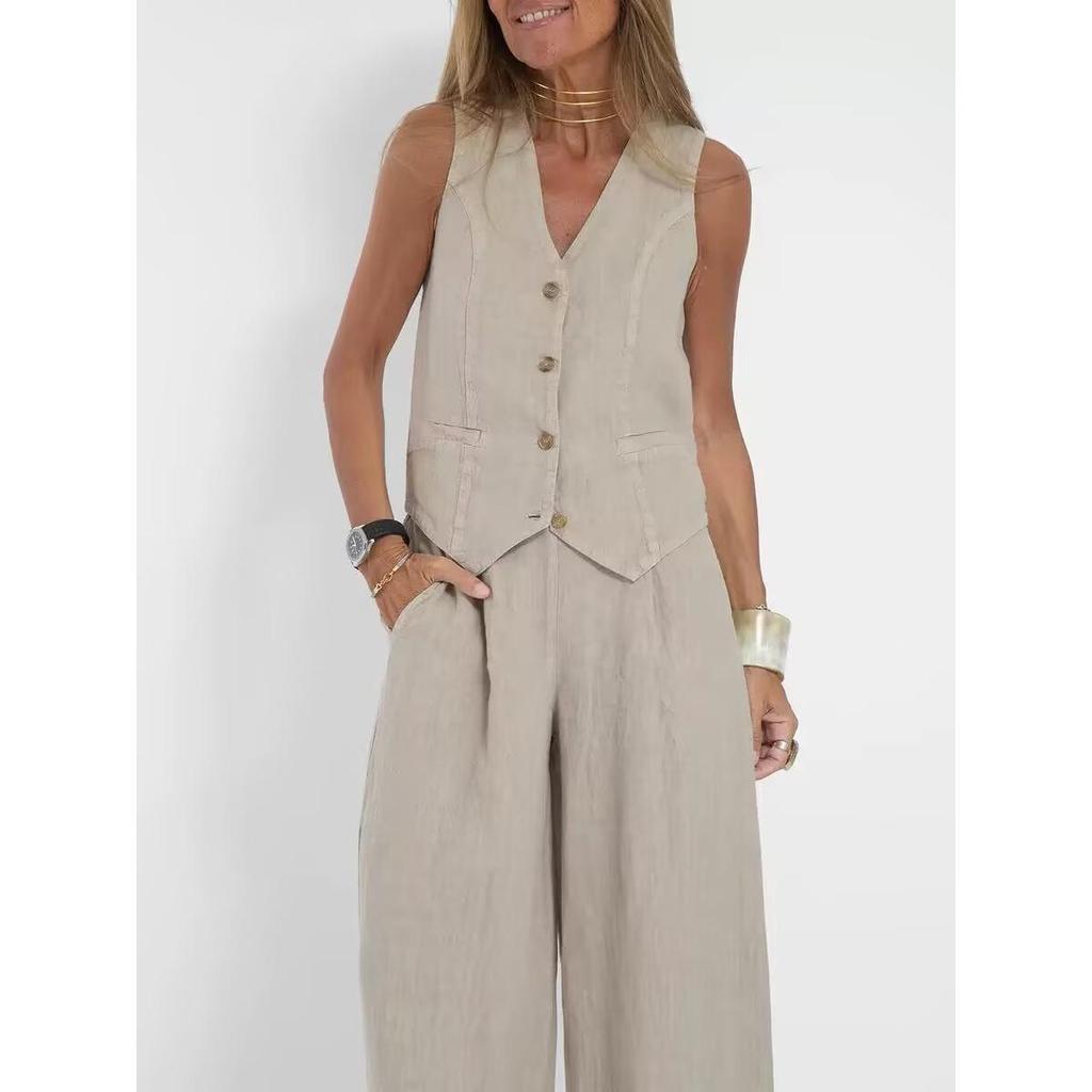 Fashion Vest, Pants, Patchwork, Cotton and Linen Casual Suit for Women