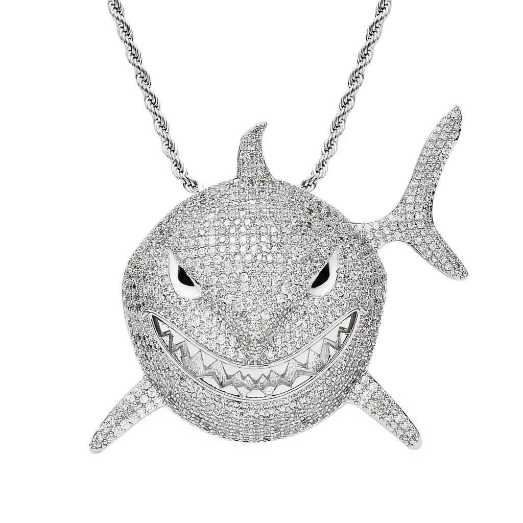 BES Moda Argento Placcato Forma di Squalo Collana con Ciondolo Stile Hip Hop Zircone Iced Out per Anniversario con Catena a Corda