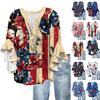Women's Fashionable Casual Button V-Neck Seven Quarter Sleeve Retro Independent Day Printed Shirt Top