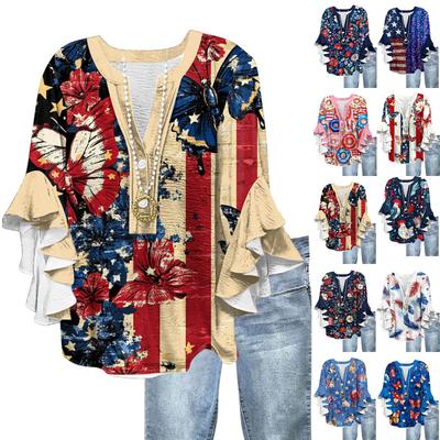 Women's Fashionable Casual Button V-Neck Seven Quarter Sleeve Retro Independent Day Printed Shirt Top