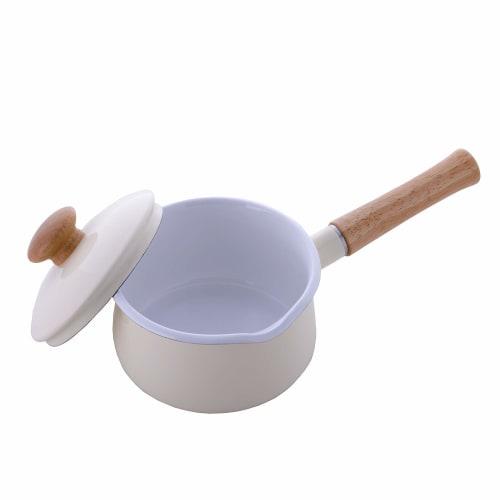 Fuji Enamel Milk Pan with Lid, 15cm, Direct Heat/Induction Compatible, Vanilla, Long Handle, Single-Handled Saucepan
