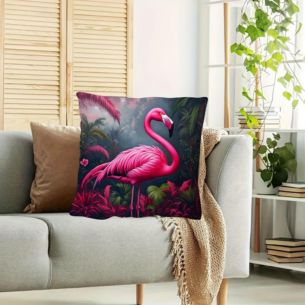 1 Stück Heißrosa Flamingo Tropische Blätter Kissenbezug - 18x18 Zoll Weiches Plüsch Dekoratives Cover, Einseitiger Druck, Reißverschluss,