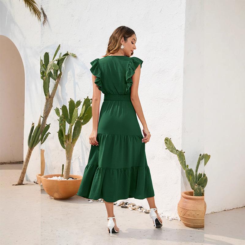 Women's V-Neck High Waist Tiered Ruffle Maxi Dress Casual Smocked Beach Vacation Long Dress