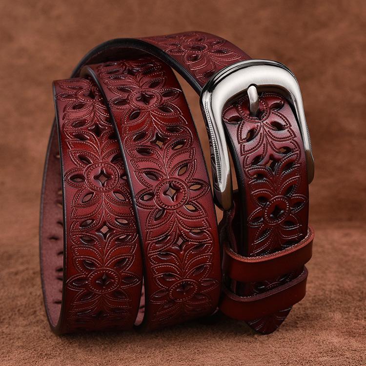 Women'S Hollow Belt Pin Buckle Yellow Cowhide Belt Casual Pinhole Belt