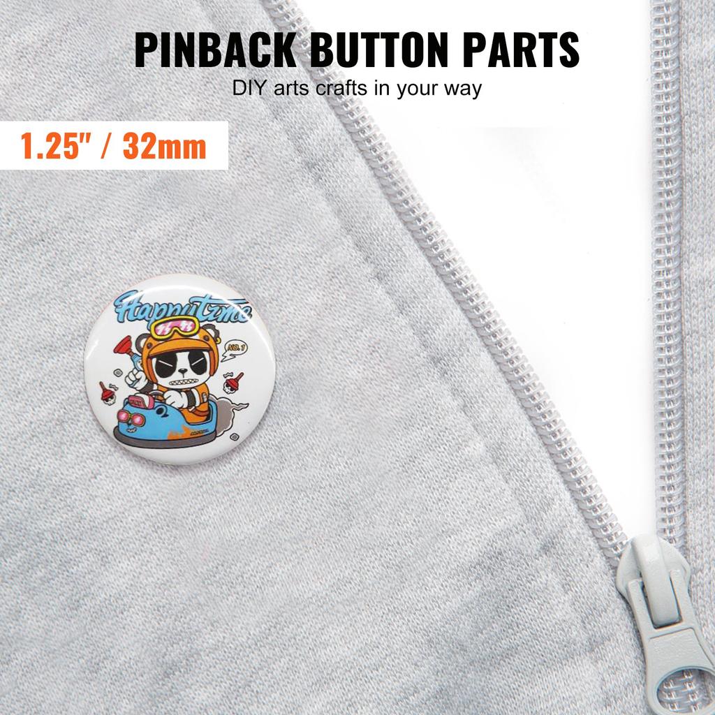 VEVOR 500 Sets 1.25 inch 32mm Pin Back Button Parts, DIY Round Button Badge Parts, Set Includes Metal Top, Plastic/Metal Button, Clear Film