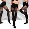 Womens Black Hollow-Out Pantyhose Faux Thigh High Fishnet Tights Stockings Halloween Costume Over Knee Goth Striped Suspender