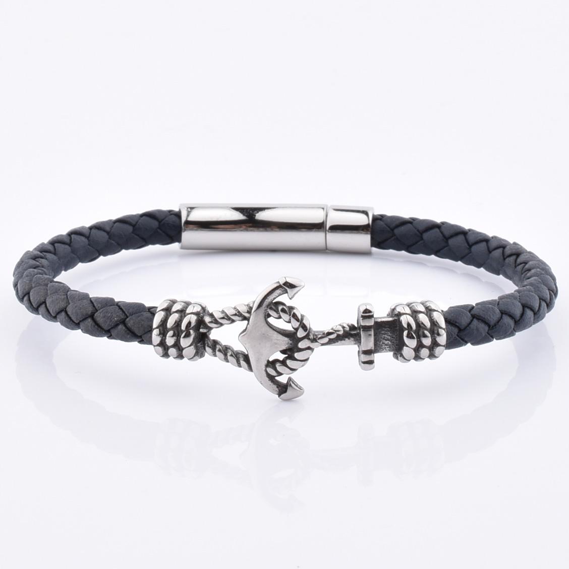 Vintage Silver Clasp Bracelets Men Jewelry Charm Anchor Leather Bracelet 20 cm