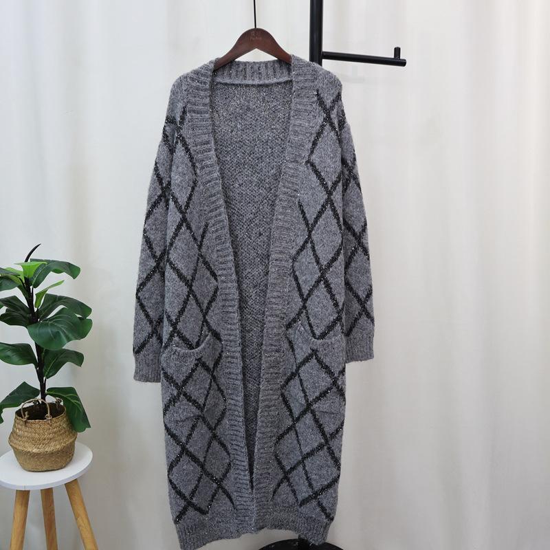

Осень новый длинный свитер-куртка с карманами до колена ленивый ветер ромбовидный дизайн темперамент вязаный кардиган женский one size fits all серый