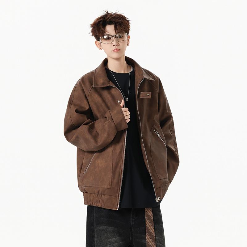 Loose men's leather jacket spring and autumn pu leather lapel xl large size trendy brand American retro casual leather jacket men