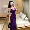 New Chinese Style Purple Floral Sexy Suspender Deep V-neck Dress Temperament Charm Show Body Spice Girl Long Dress