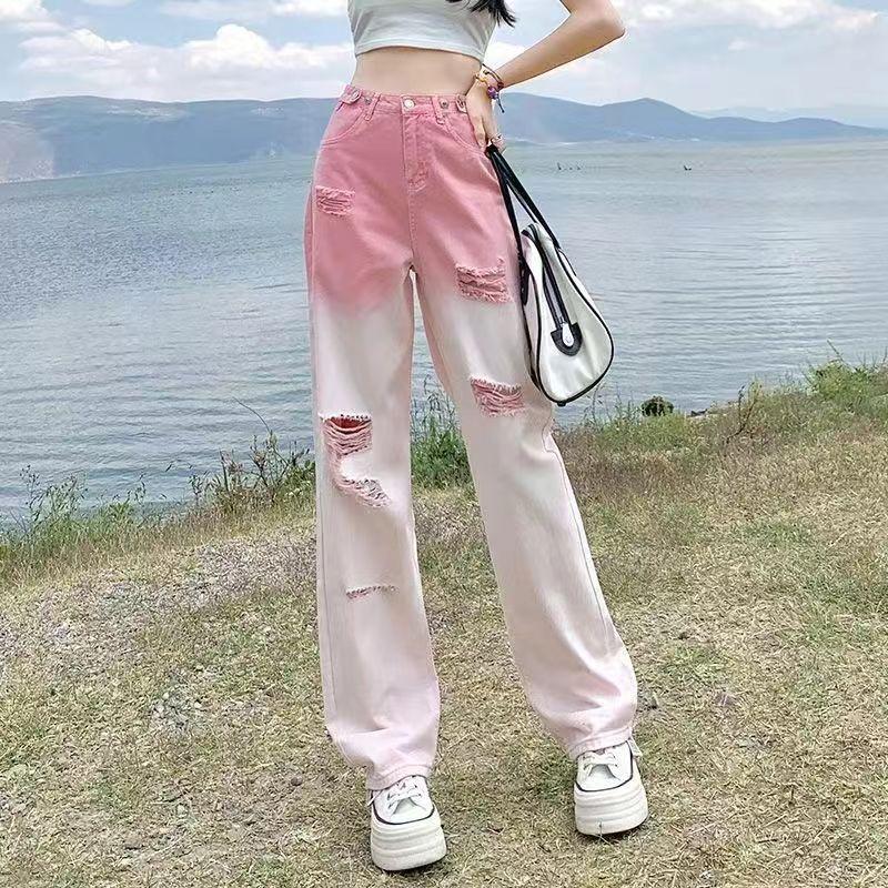 

Sweet High Waist Gradient Jeans Women Loose Fit Tear Drop Purple Wide Leg Pants S рожевий