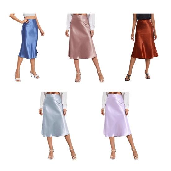 Women Midi Skirt High Waist Satin-Like Shiny Skirt Solid Color