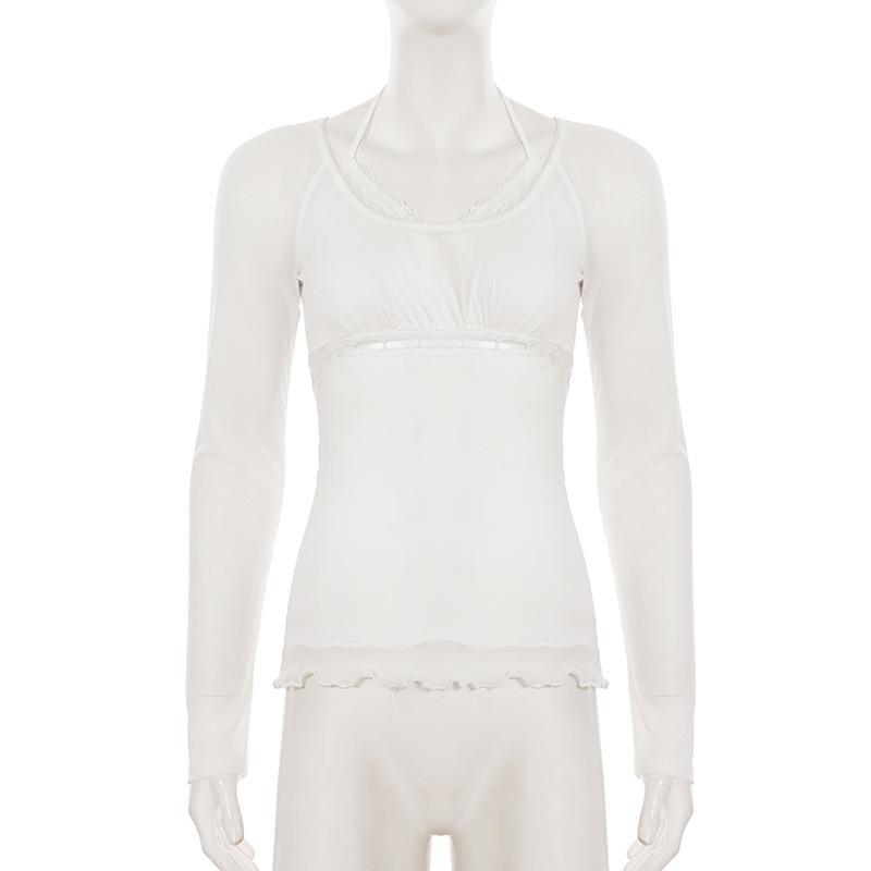 Spicy Girl Mesh Patchwork White Two-Piece Style Ruffle Trim Sheer Long Sleeve Top