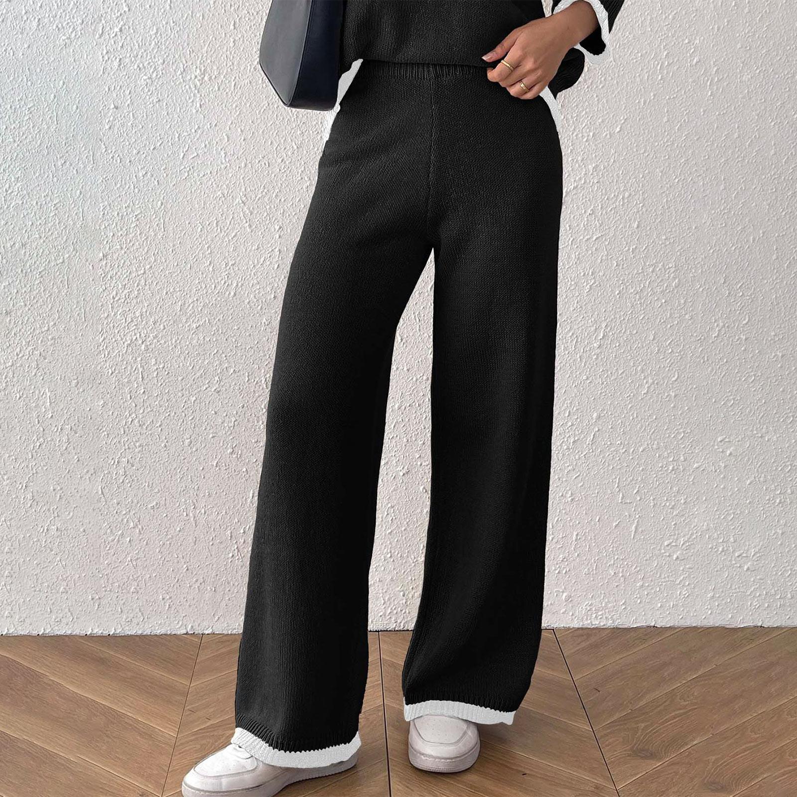 

Женские повседневные брюки для отдыха, контрастная цветная вставка, высокая посадка, прямой крой, широкие штанины, шерстяные брюки XL чёрный