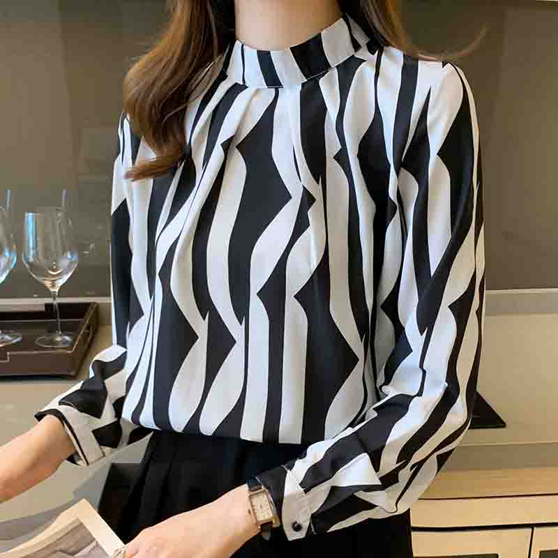 Autumn Fashion New Long Sleeve Women Blouse Stand Collar Black White Striped Chiffon Blouse Shirt Women Tops J739