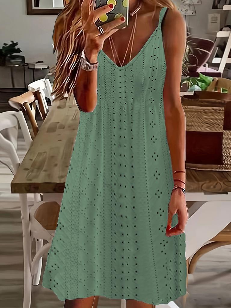 Summer Women Dress Hollow Out V Neck Sleeveless Vest Type Solid Color Loose A-line Big Hem Casual Soft Breathable Knee Length Beach Casual Commute