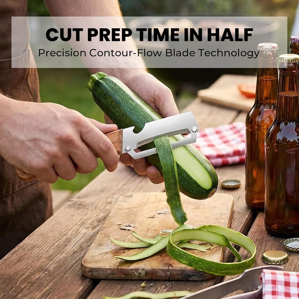 Multifunctional Vegetable Peeler with Wooden Handle and Bottle Opener, 2-in-1 Stainless Steel Blade, Camping, Apple Potato Pumpkin Papaya Peeling