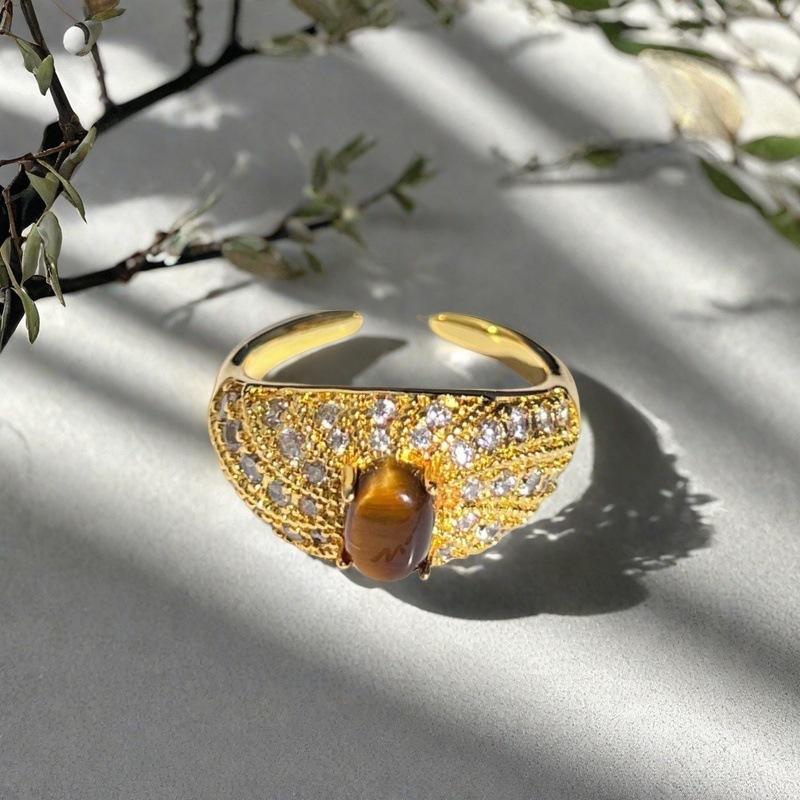 Zirkon Imitation Tigerauge Offener Ring Nischendesign Hoher Sinn für Persönlichkeit Stapelbarer Französischer Retro-Ring