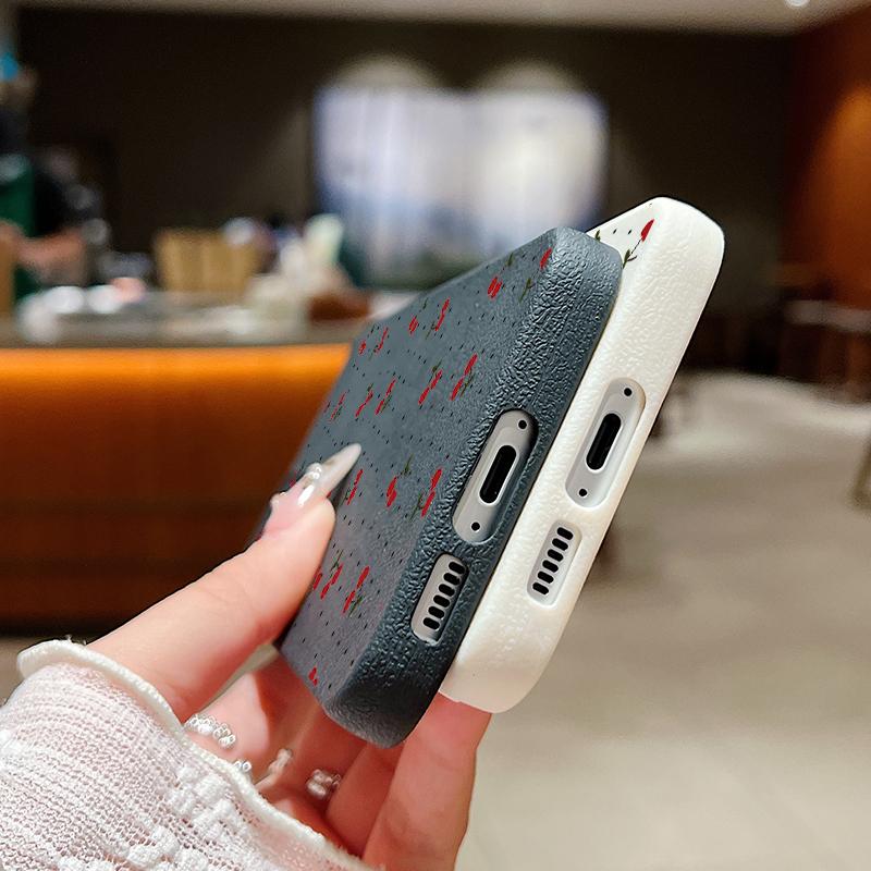 Litte Cherry Pattern Leather Texture Plain Color Shell for Samsung S25 Ultra S24 Fe S23 S22 A56 A16 A15 A55 Soft Silicone Shockproof Matte Case