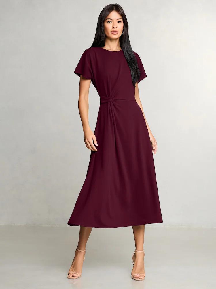 European & American 2026 Women s Solid Color Waist-Cinched Short Sleeve Pleated Slit Dress Small вино красного