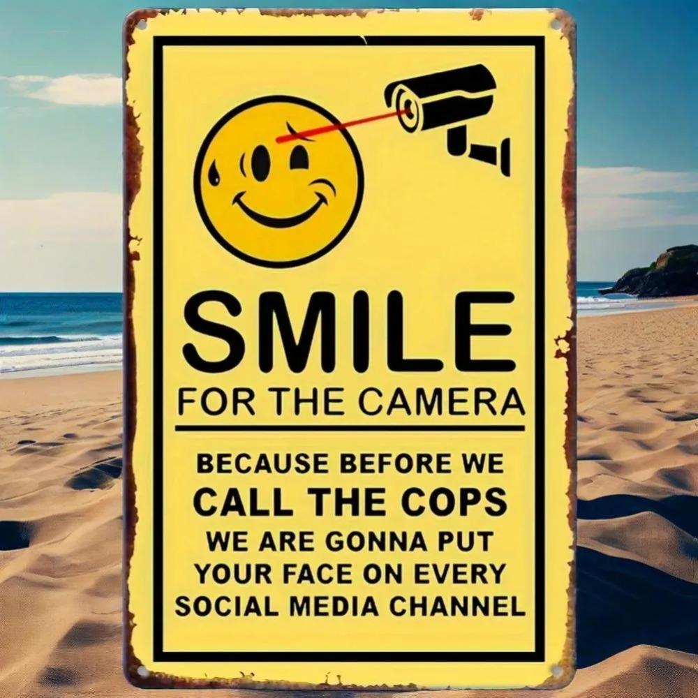 French "Smile, You're On Camera" Metal Security Sign – Wall-Mounted Surveillance Warning Hanging Decor
