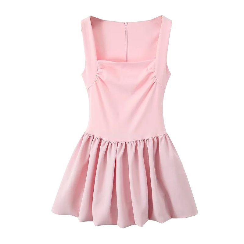 Fall and Winter New Women's Clothing French Style Design Sleeveless Square Collar A- Line Short Puffy Hem Sling Dress