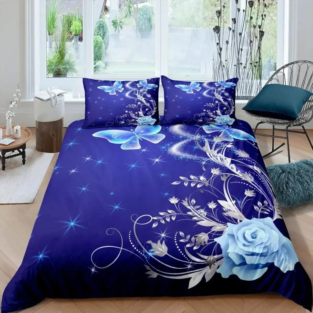 Zestaw poszewek na kołdrę z kwiatami róż i motylami, Zestawy pościeli Ogród Motyli, Dla Dziewcząt i Kobiet, Wiosenny Kwiatowy, Świeża Natura, Kwitnąca Róża, Poszewka na Kołdrę