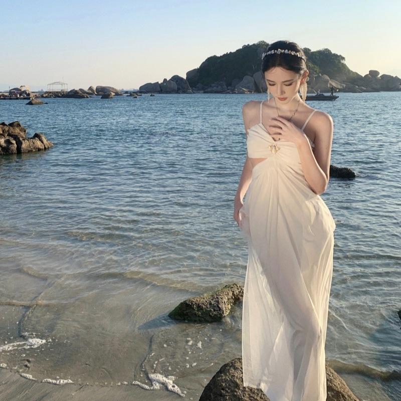 French Sexy Pure Desire Wind Mesh Fairy Gas Hollow Suspender Gauze Skirt High-end Temperament Dress White Chiffon Other