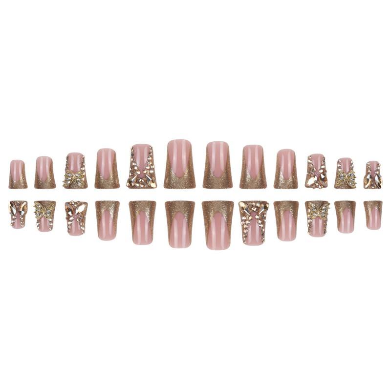 French Edge Duckbill Shape Press-On Nails With Gold Rhinestone Butterfly Design Women
