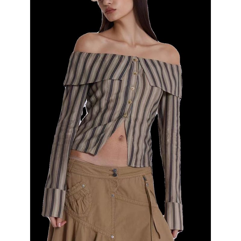 

Jaded London Stylish Lapel off-the-Shoulder off-Neck Stylish Sexy Sexy Stripes Long Sleeves Shirt for Women Khaki L