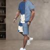 Men Plus Size Blue White Printed Round Neck Short Sleeve Top And Shorts With Pockets Two Piece Set
