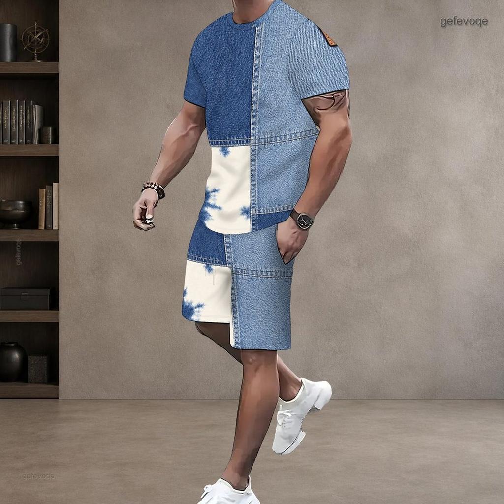 Men Plus Size Blue White Printed Round Neck Short Sleeve Top And Shorts With Pockets Two Piece Set