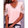 Women Lace Patchwork V-Neck Short Sleeve Loose T-Shirt