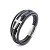 Stainless Steel Cross Pendant Leather Braided Layered Bracelet Men Geometric Design Ins Style Adjustable Length