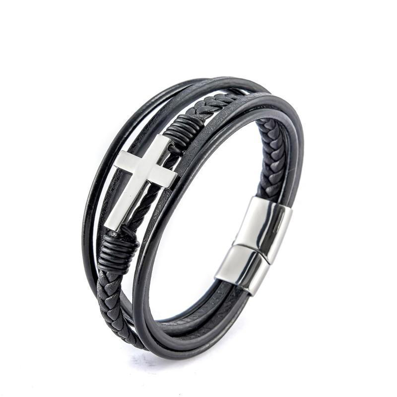 Stainless Steel Cross Pendant Leather Braided Layered Bracelet Men Geometric Design Ins Style Adjustable Length