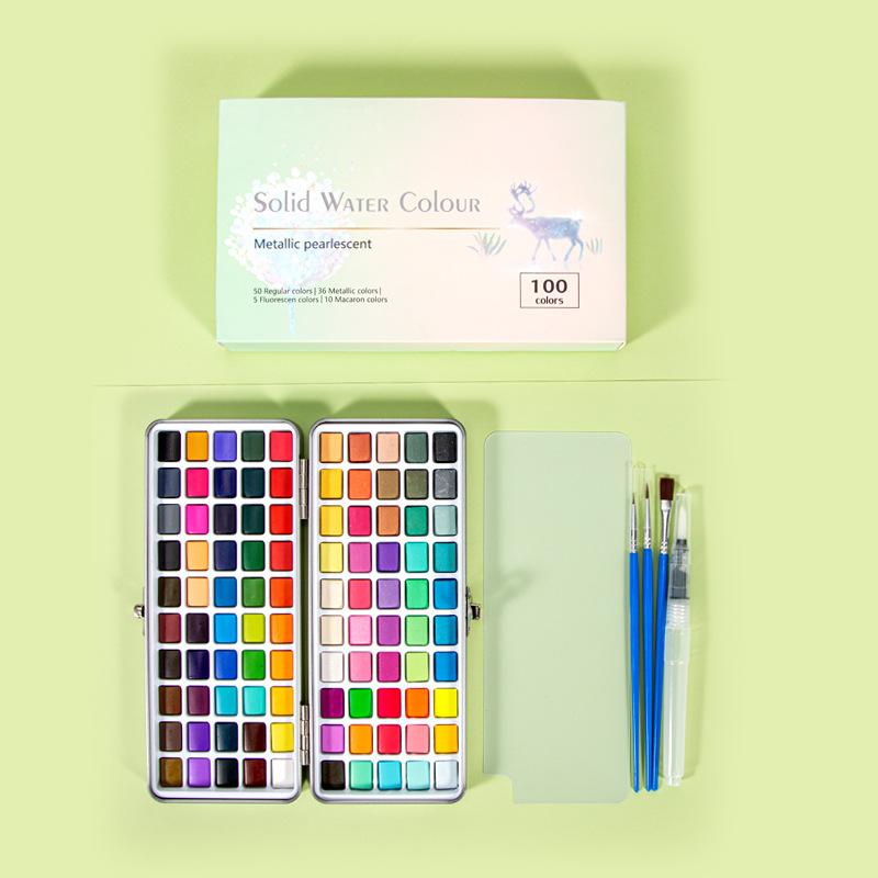 50/72/90/100/128/168 Farben, solides Aquarellset, Geschenkpaket, grundlegende Neon-Glitzer-Aquarellfarbe zum Zeichnen, Kunst, Malzubehör