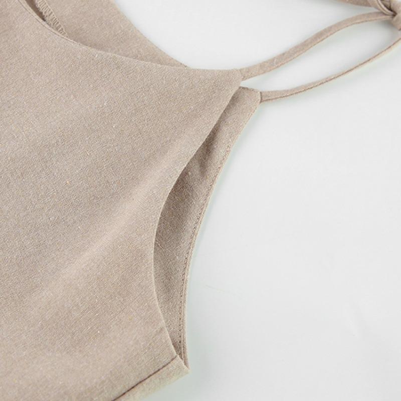 Summer Khaki Linen Dress Women Elegant Spaghetti Strap A-Line Loose Dresses Fashion Ruched Lace-Up Sexy Mini Dresses