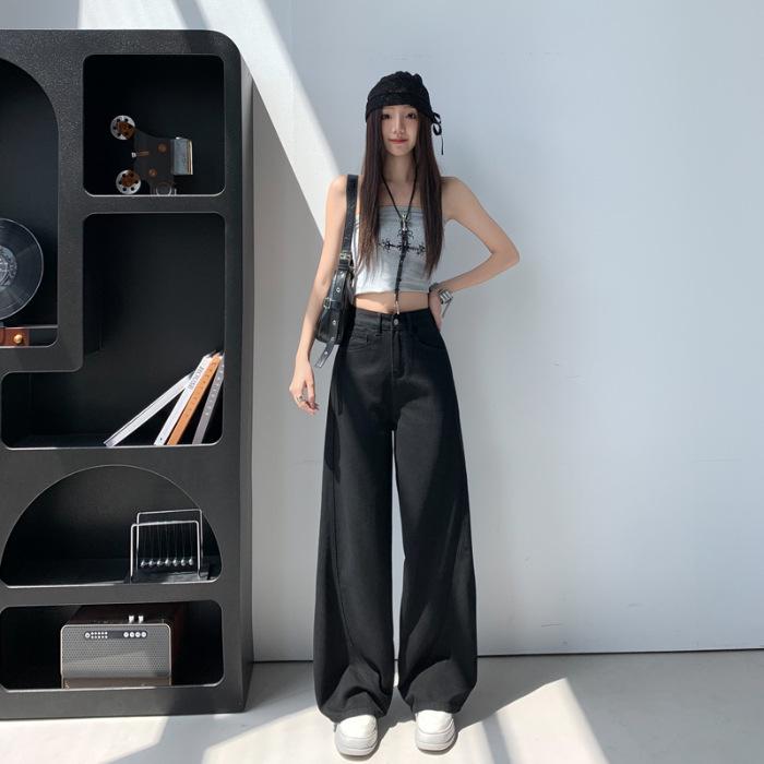 Fashionable Black Light Luxury Korean-Style Wide-Leg Jeans - Super Soft Cotton, Slim Fit for Women - Perfect for Spring and Summer