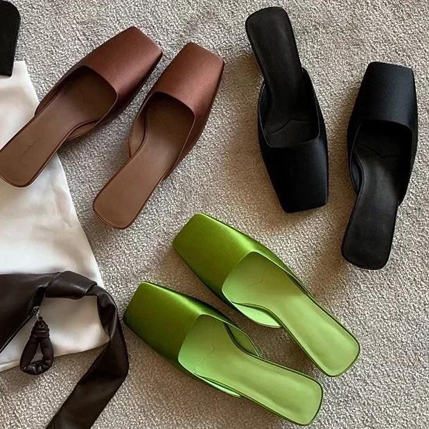 Fashion Luxury Satin Sandals Women Summer Sexy Square Head Strange Low Heel Slide Sandals Chunky Heel Elegant Design Mule Slippers Women