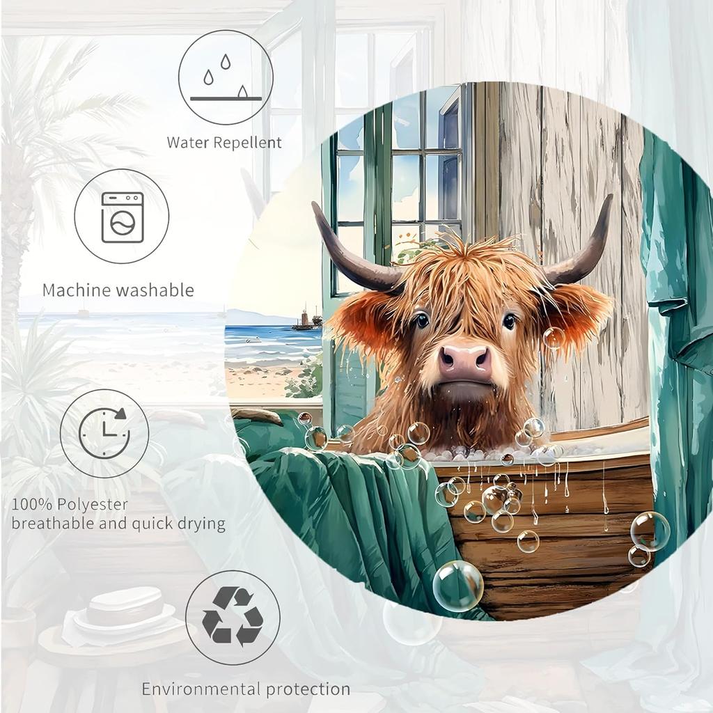 Highland Cow Summer Shower Curtain 60Wx72L Inch Funny Cute Cattle Ocean View Landscape Bathtub Calf Tropical Hawaii Scene Palm L