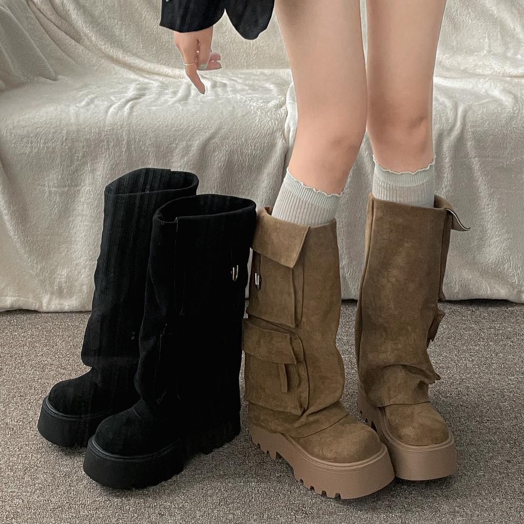 Brown Suede Pocket Flat Platform Knee High Boots Women's Soft Y2K Cool Round Toe Highten Shoes 2025 New in Luxury Designer Shoes