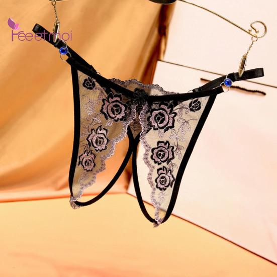 Women Panties Crotch Adjustable Strap Hollow Out Slutty Thin Open Stretchy See-through Lace Flower Embroidery